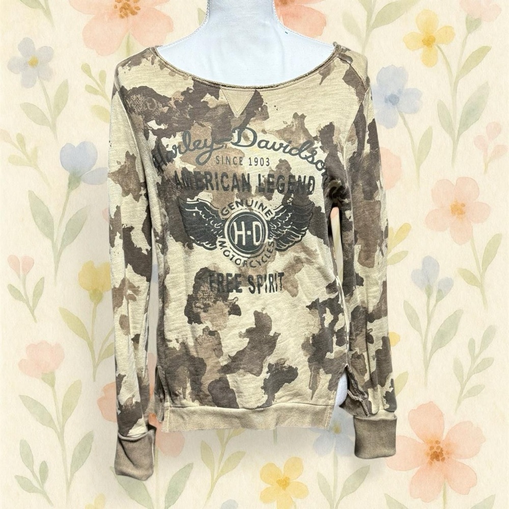 Harley Davidson Camo Sweatshirt Womens High Low Tunic Moto Grunge Top Small